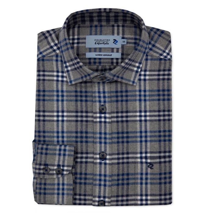 A10889 Double Two L/S Twill Triple Check Casual Shirt (Blue)