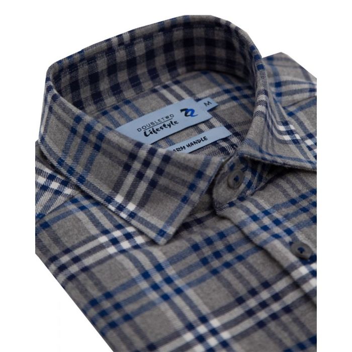 A10889 Double Two L/S Twill Triple Check Casual Shirt (Blue)