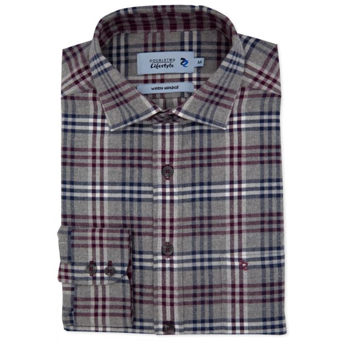 A10889 Double Two L/S Twill Triple Check Casual Shirt (Wine)