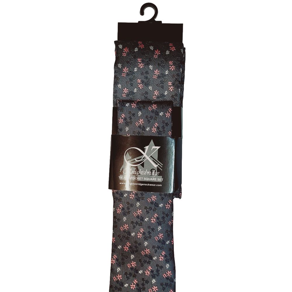 T890992 Knightsbridge Tie & Pocket Square Set - Grey/Pink