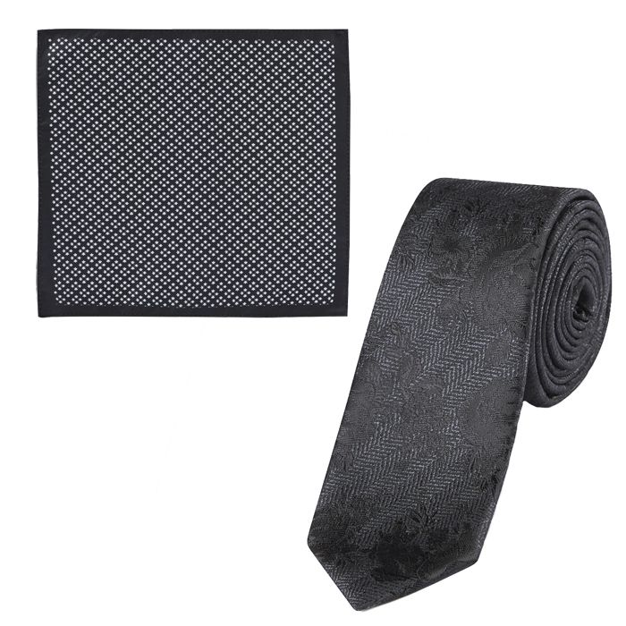TA8853 Skopes Self Pattern Black Tie & Pocket Square Set