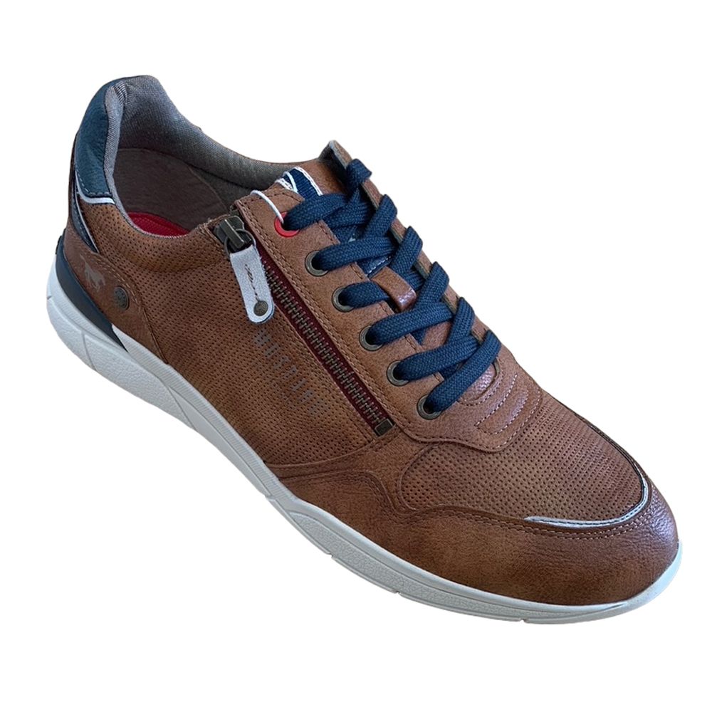 H1844 Mustang Side Zip Perforated Lace Up Casual Shoe (Tan/Navy)